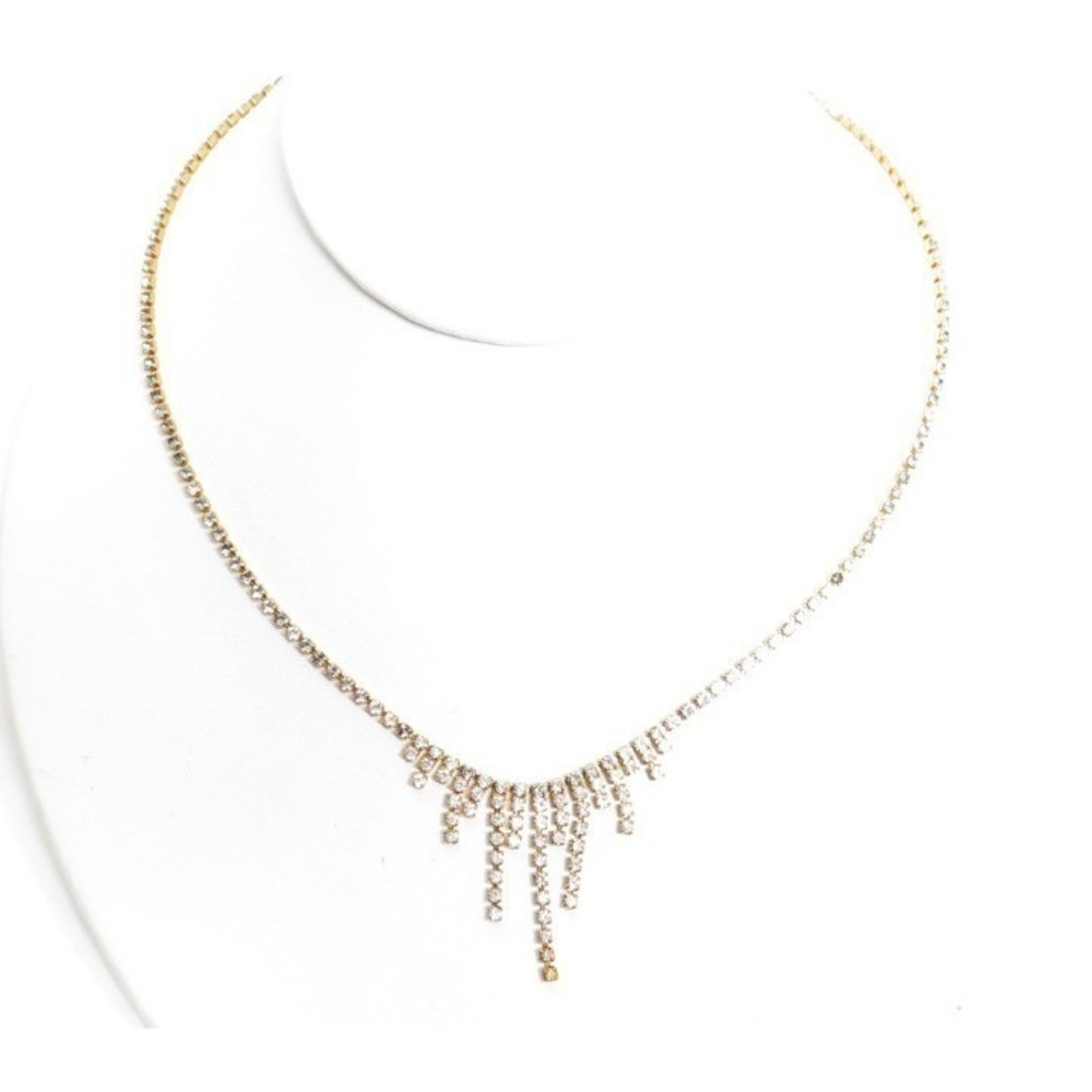 Monet Vintage Gold Tone‎ Rhinestone Fringe Tennis Necklace 16 Inch Signed